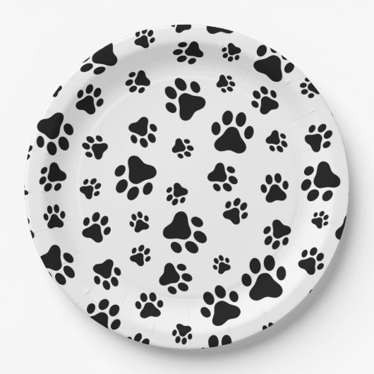 Muster von Paws, Hundeschäften, Schwarz und Weiß Pappteller (Vorderseite)
