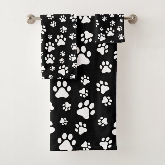 Muster von Paws, Paw Prints, Schwarz und Weiß Badhandtuch Set (Insitu)