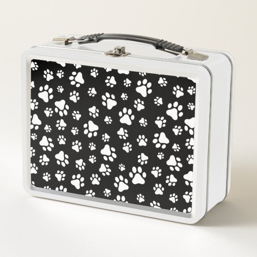 Muster von Paws, Paw Prints, Schwarz und Weiß Metall Brotdose (Vorderseite)