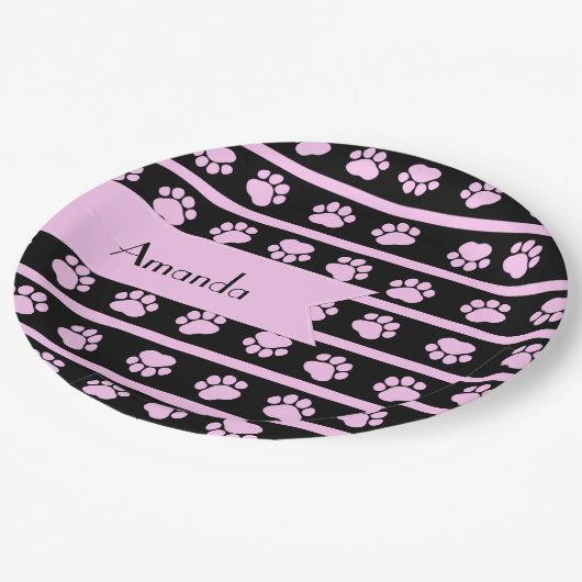 Muster von Paws, rosa Paws, Dog Paws, Ihr Name Pappteller (Schrägansicht)