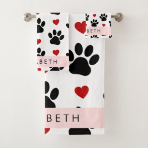 Muster von Paws, schwarzen Paws, roten Herzen, Ihr Badhandtuch Set