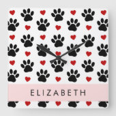 Muster von Paws, schwarzen Paws, roten Herzen, Ihr Quadratische Wanduhr (Vorderseite)