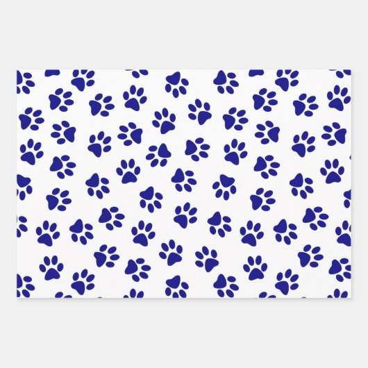 Muster von Pfoten, Hundeschäften, blaue Navy-Paws Geschenkpapier Set (Vorderseite)
