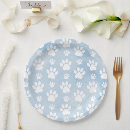 Muster von Pfoten, Weiße Pfoten, Wasserfarben, Bla Pappteller (Hochzeit)
