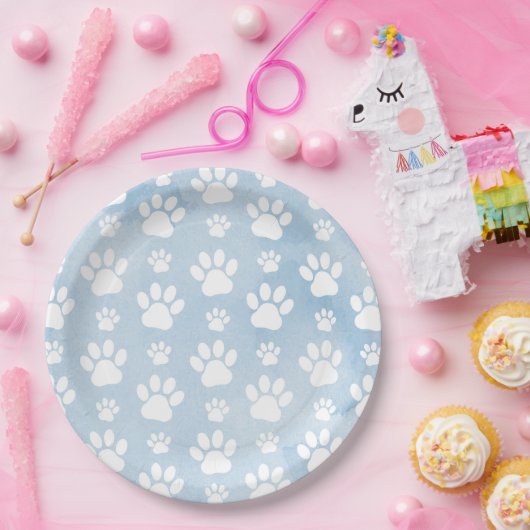 Muster von Pfoten, Weiße Pfoten, Wasserfarben, Bla Pappteller (Party)