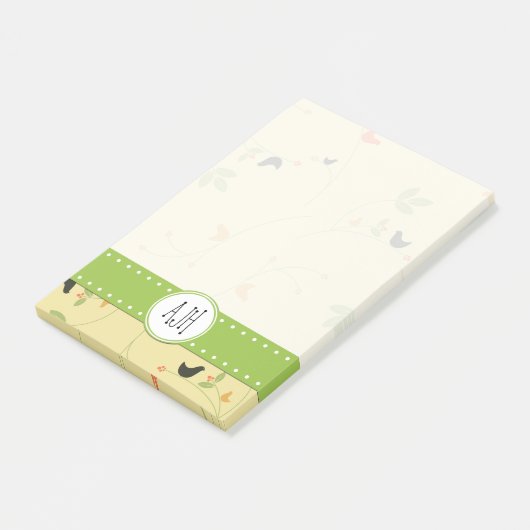 Muster von Vögeln, Blätter, Beeren, Monogramm Post-it Klebezettel (angewinkelt)