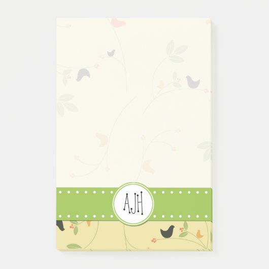Muster von Vögeln, Blätter, Beeren, Monogramm Post-it Klebezettel (Vorderseite)