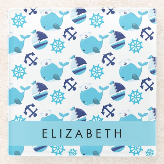 Muster von Walen, Blauen Walen, Ihr Name Glasuntersetzer (Vorderseite)