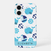Muster von Walen, Blauen Walen, Ihr Name iPhone 16 Hülle (Rückseite)