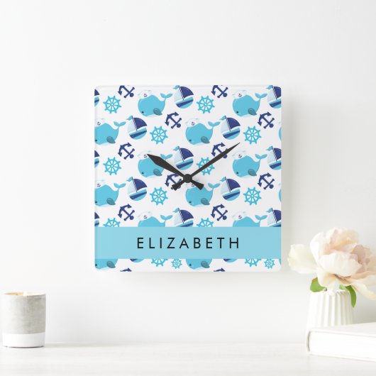 Muster von Walen, Blauen Walen, Ihr Name Quadratische Wanduhr (Zuhause)