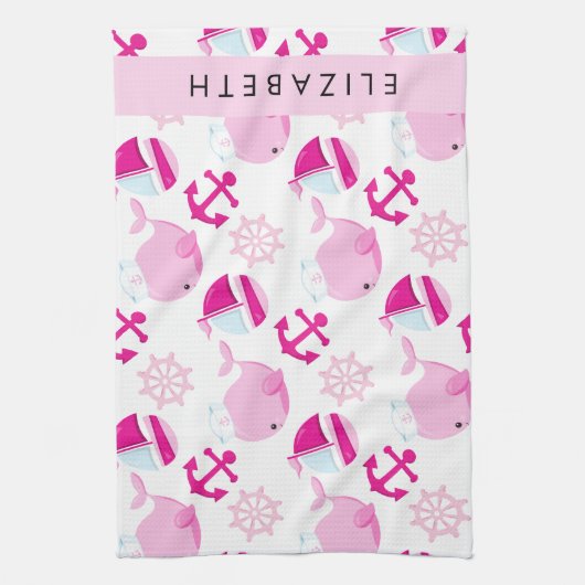 Muster von Walen, rosa Wale, Ihr Name Geschirrtuch (Vertikal)