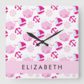 Muster von Walen, rosa Wale, Ihr Name Quadratische Wanduhr (Vorderseite)