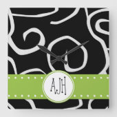 Muster von Wirbel, schwarz und weiß, Monogramm Quadratische Wanduhr (Vorderseite)