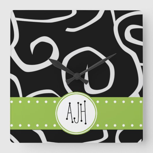 Muster von Wirbel, schwarz und weiß, Monogramm Quadratische Wanduhr (Vorderseite)