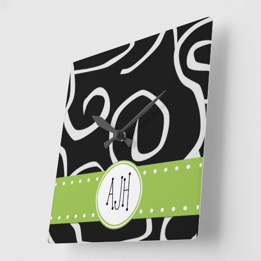 Muster von Wirbel, schwarz und weiß, Monogramm Quadratische Wanduhr (Winkel)