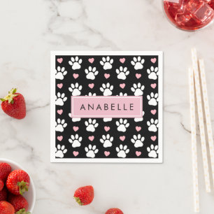 Muster, weiße Pfoten, rosa Herzen, Ihr Name Serviette