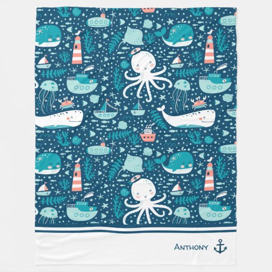 Musterjunge Navy Blue and White Nautical Ocean Fleecedecke (Vorderseite)
