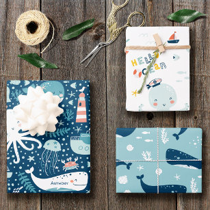 Musterjunge Navy Blue and White Nautical Ocean Geschenkpapier Set