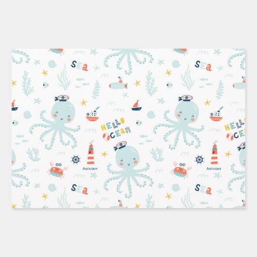 Musterjunge Navy Blue and White Nautical Ocean Geschenkpapier Set (Vorderseite 2)