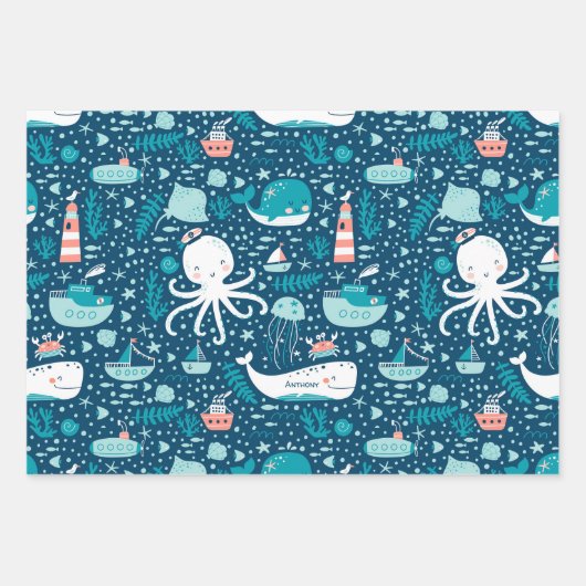 Musterjunge Navy Blue and White Nautical Ocean Geschenkpapier Set (Vorderseite)