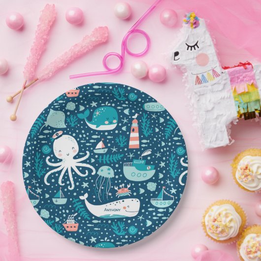 Musterjunge Navy Blue and White Nautical Ocean Pappteller (Party)