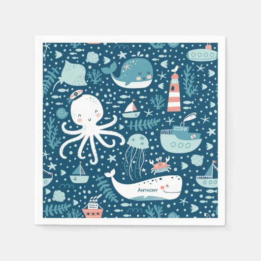 Musterjunge Navy Blue and White Nautical Ocean Serviette (Vorderseite)