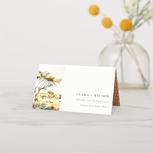 Mute Earthy Watercolor Afrikanische Landschaft Hoc Platzkarte (Vorderseite)