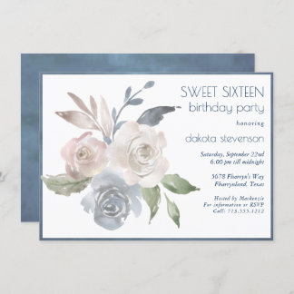 Mute Floral Bouquet | Blaue Creme Rosa Süße 16 Einladung