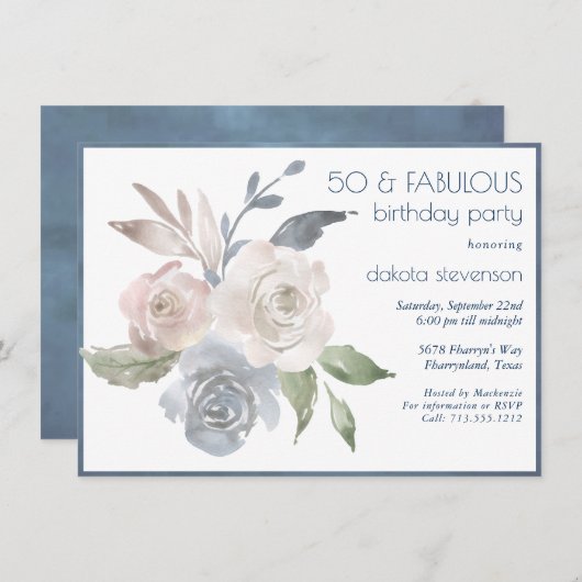 Mute Floral Bouquet | Blauer Fabulous 50. Geburtst Einladung (Vorne/Hinten)