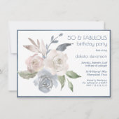 Mute Floral Bouquet | Blauer Fabulous 50. Geburtst Einladung (Vorderseite)