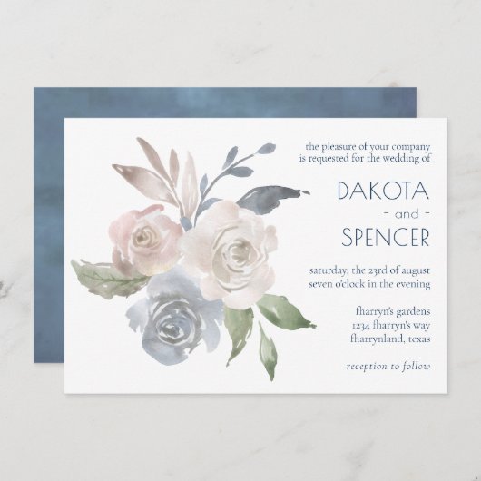 Mute Floral Bouquet | Blue Cream Pink Wedding Einladung (Vorne/Hinten)