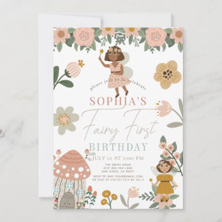 Mute Pink Floral Dark Skin Fairy Erster Geburtstag Einladung