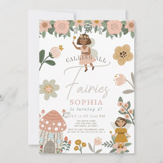 Mute Pink Floral Dark Skin Fairy Girl Geburtstag Einladung