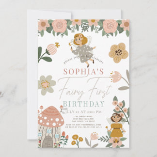 Mute Pink Floral Fairy Erster Geburtstag Einladung