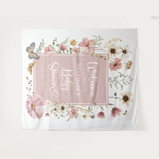 Mute rosa Wildblume Baby in Blütendusche Willkomme Wandteppich (Vorderseite (Horizontal))