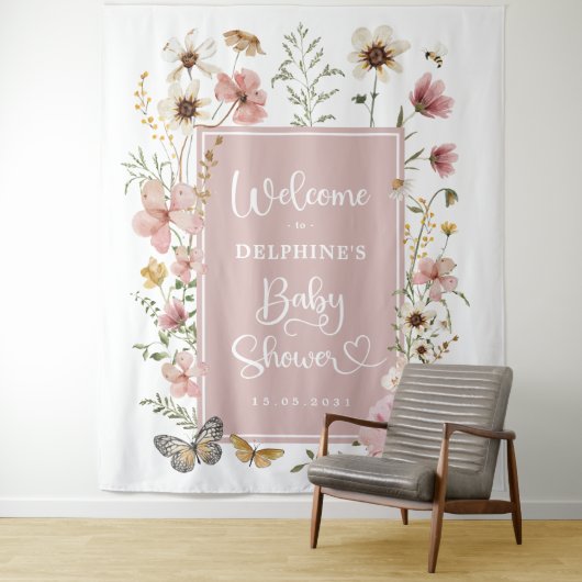 Mute rosa Wildblume Baby in Blütendusche Willkomme Wandteppich (Beispiel)