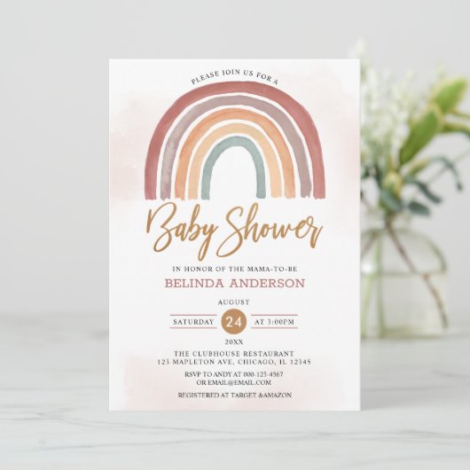 Mute Tones Pastel Boho Rainbow Baby Shower Einladung (Stehend Vorderseite)
