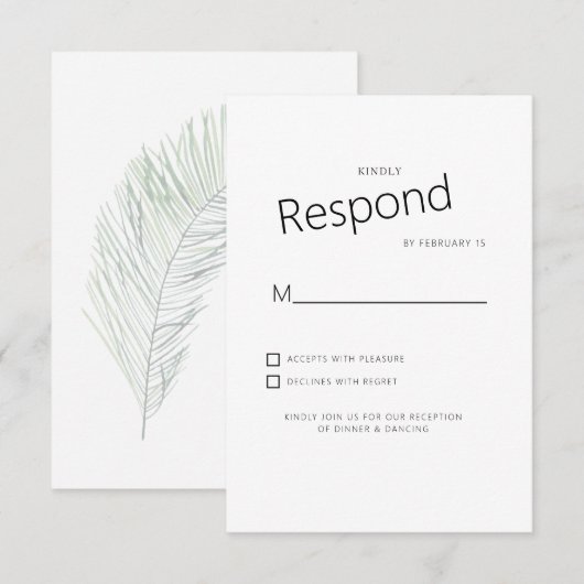 Mute tropische Palm White Wedding RSVP Karte (Vorne/Hinten)