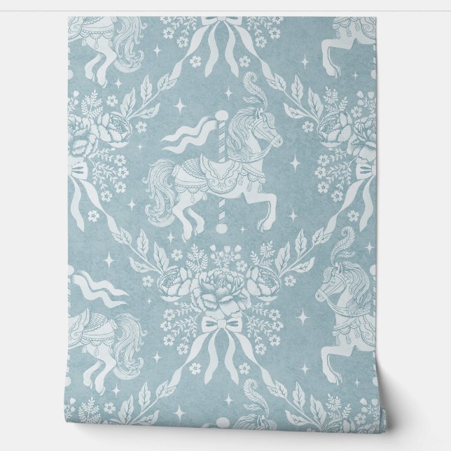 Muted Blue Rococo Carousel Horses & Florals Tapete (Abrollen)