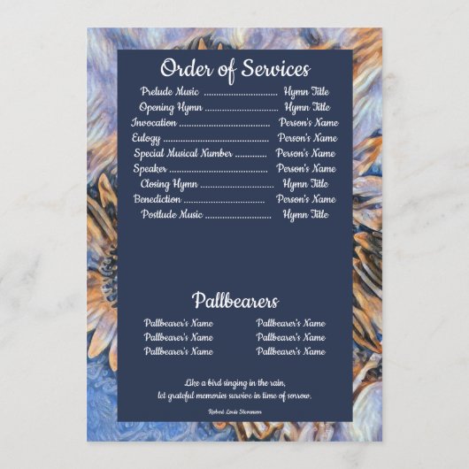 Muted Blue Sunflower Art | Photo | Funeral     Programm (Rückseite)