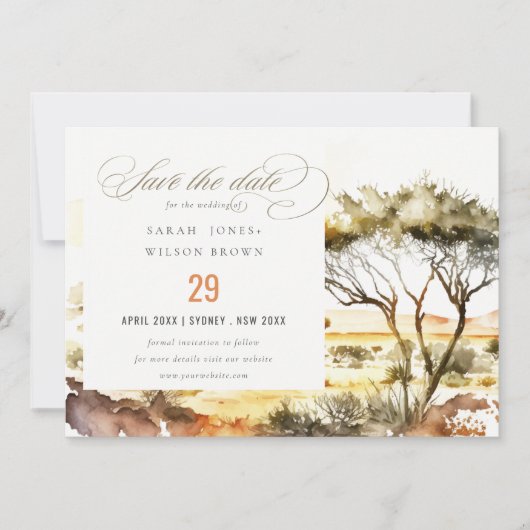 Muted Earthy Watercolor African Landscape Wedding Save The Date (Vorderseite)
