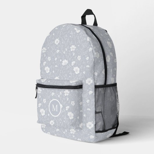 Muted Gray And White Wildflower Pattern  Bedruckter Rucksack (Rückseitige Ecke Rechts)