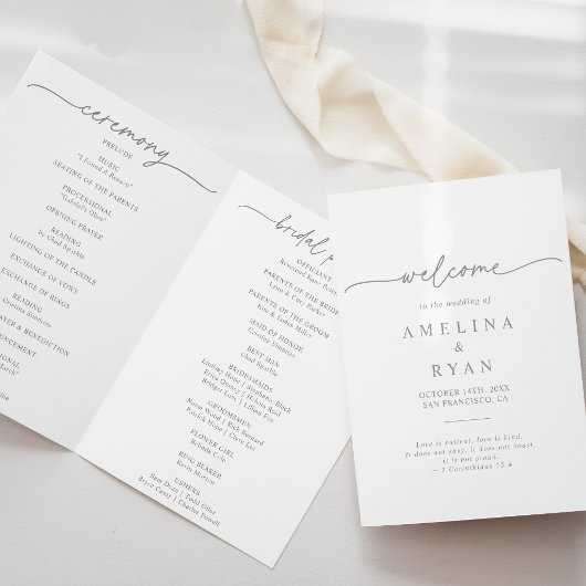 Muted Gray Simple Minimalist Folded Wedding Programm