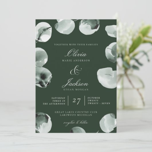 Muted Green Eucalyptus Scripted Modern Wedding Einladung (Stehend Vorderseite)