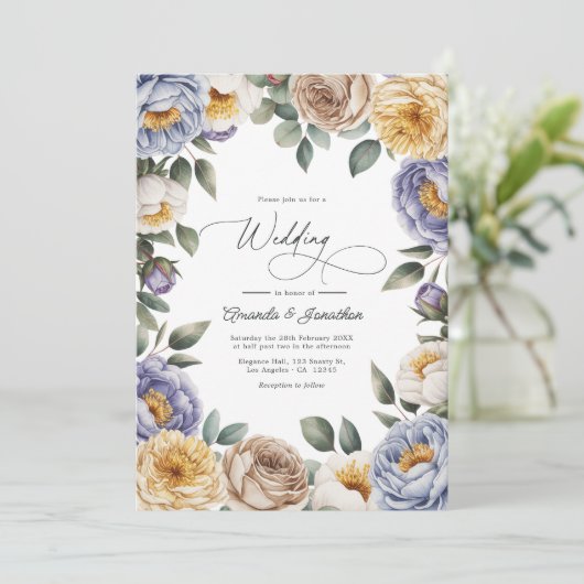 Muted Periwinkle, Buttercream, and Greige Wedding Einladung (Stehend Vorderseite)