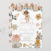 Muted Pink Floral Dark Skin Fairy First Birthday Einladung (Vorne/Hinten)