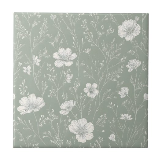 Muted Sage Green And White Wildflower Pattern Fliese (Vorderseite)