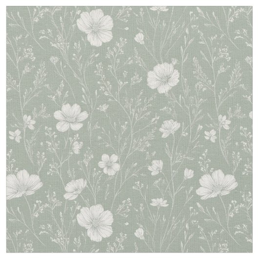 Muted Sage Green And White Wildflower Pattern Stoff (Nahaufnahme)
