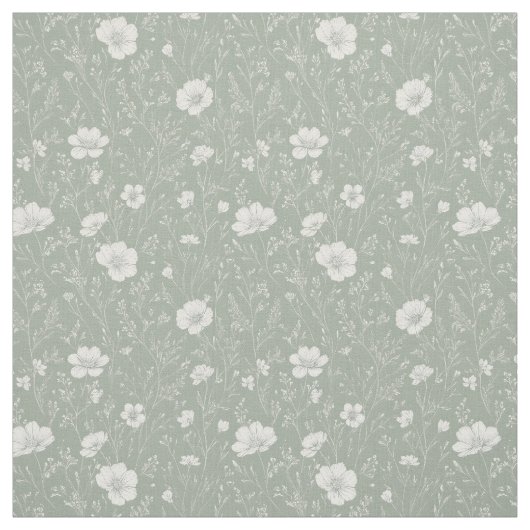 Muted Sage Green And White Wildflower Pattern Stoff (Muster)