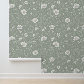 Muted Sage Green And White Wildflower Pattern Tapete
